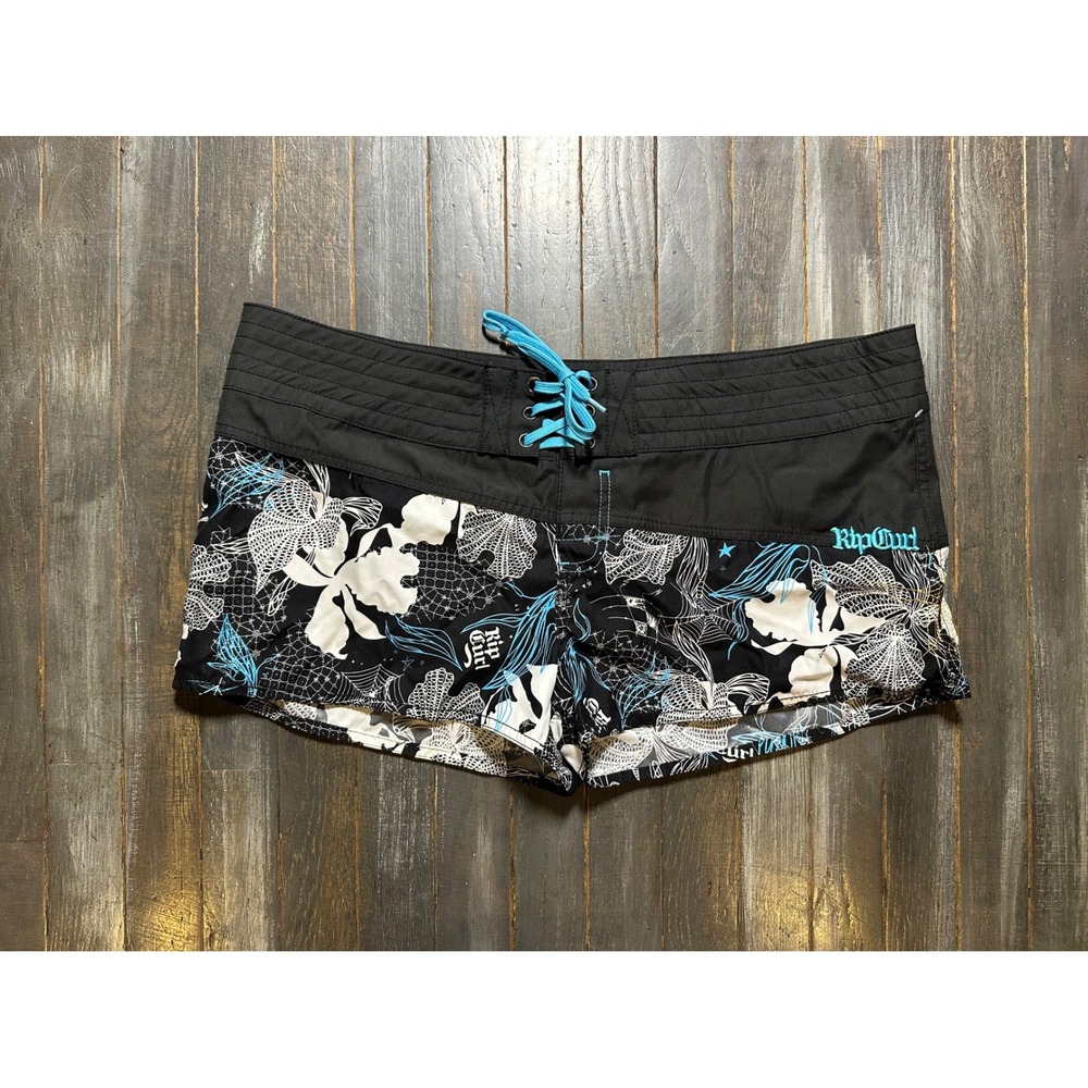 Rip Curl Board Shorts Black Floral Lace Up Swim Trunks